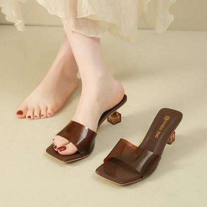 French Style Crystal Thin Heel Square Toe One-Strap Sandals For Women, New Transparent High Heel Slide Sandals Outdoor Wear