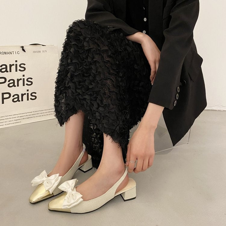 Vintage-Inspired Bow Slingback Heels With Metallic Cap Toe For Women