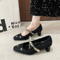 2026 New Women's Square Toe Bowknot Woven Mary Jane Chunky Heel Pumps