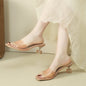 French Style Crystal Thin Heel Square Toe One-Strap Sandals For Women, New Transparent High Heel Slide Sandals Outdoor Wear