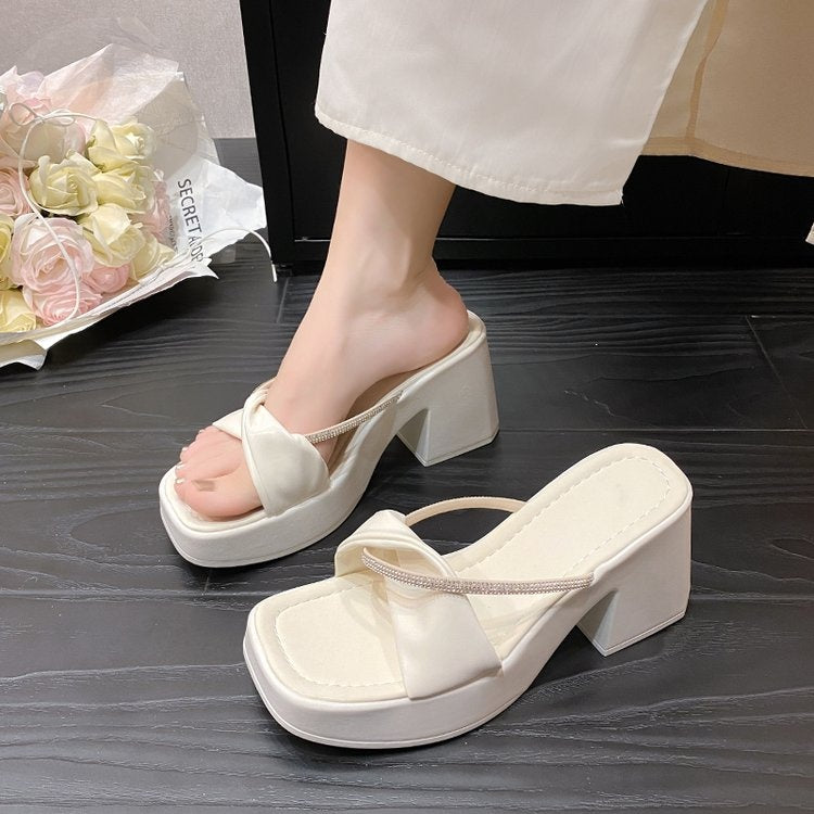 2025 Summer New Women's Block Heel Square Toe Sandals Rhinestone One-Strap Beach Sandals