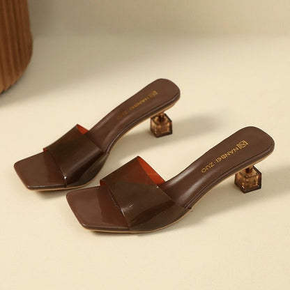 French Style Crystal Thin Heel Square Toe One-Strap Sandals For Women, New Transparent High Heel Slide Sandals Outdoor Wear