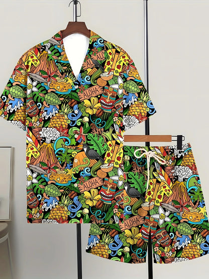 Printed Trendy Loose Short-Sleeve Shirt And Shorts Mens Set