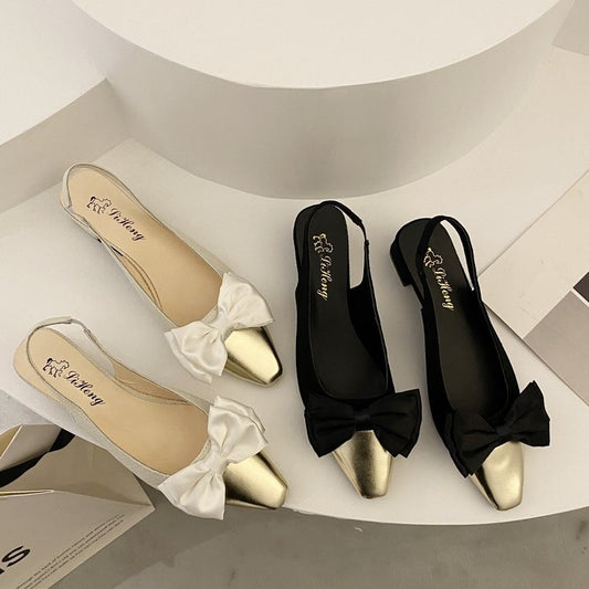Vintage-Inspired Bow Slingback Heels With Metallic Cap Toe For Women